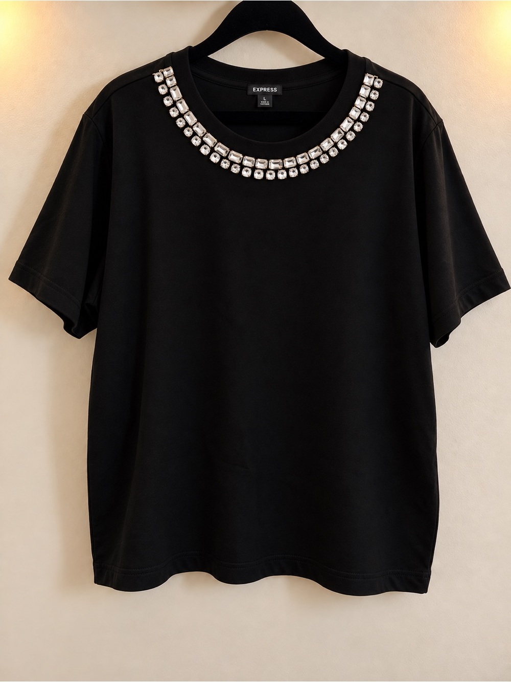 Express Black Short-Sleeve Tee with Jeweled Neckline
